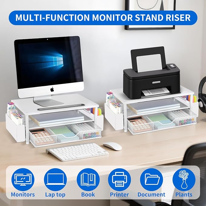 AUPSEN White Monitor Stand Riser, 2-Tier Wood Computer Desk Organizer with Drawer, Pen Storage & Phone Holder, Office Desk Accessories Desktop Organizer for Office Supplies - Image 4