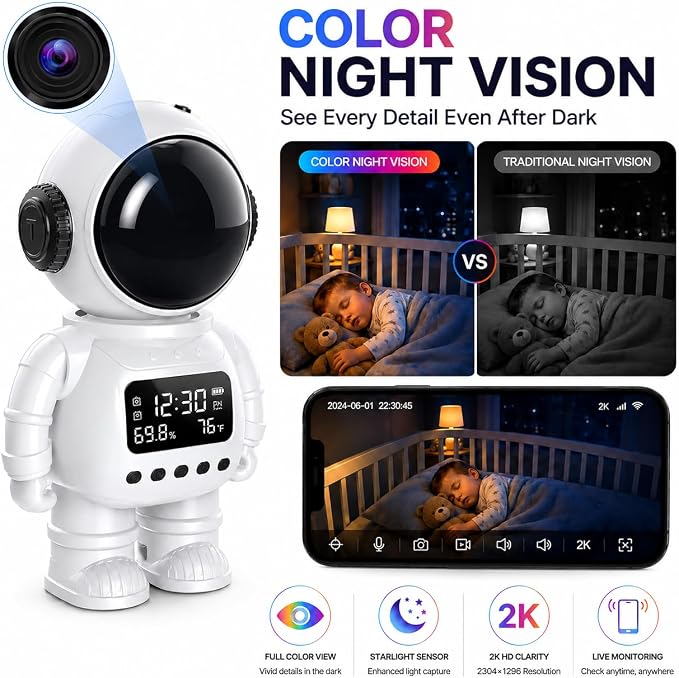 DYPCO 2K Clock Camera for Home Security, Smart Alarm Clock Camera with 2.4G/5G WiFi, Indoor Camera with Phone App, AI Motion Detection, Color Night Vision, Two-Way Audio, Cloud & SD Storage - Image 3