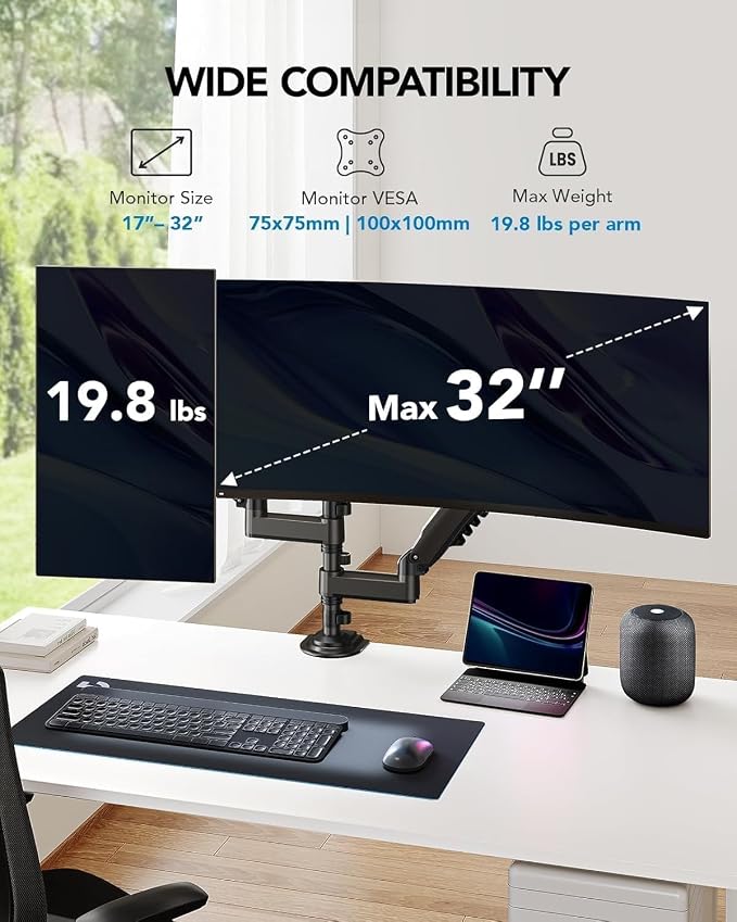 HUANUO 17-32 Inch Dual Monitor Stand, Vertical Dual Monitor Mount, Monitor Stand 2 Monitors, Ergonomic Adjustable Tilt/Swivel/Rotate, Weight Max 19.8 lbs, VESA 75/100mm - Image 2