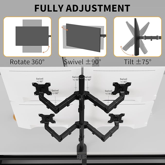 Black Quad Monitor Arm Mount for 13-27 Inch Screens | Ultrawide Screens Up to 34 inch Fully Adjustable Stand with C-Clamp/Grommet Base Max VESA 100x100 Each Screen Capacity 22lbs - Image 3