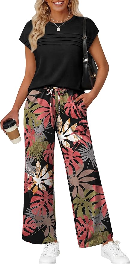 WIHOLL Two Piece Set for Women Summer Spring Outfits Matching Sets Women Clothing Airport Travel Vacation Wide Leg Pants by WIHOLL