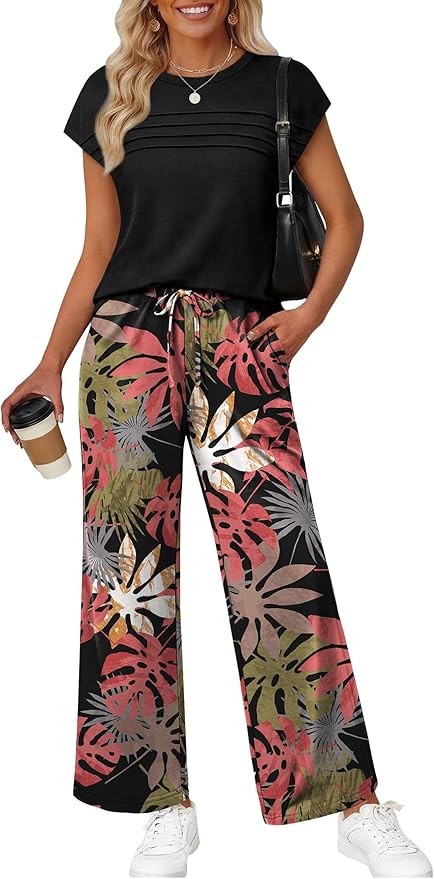 WIHOLL Two Piece Set for Women Summer Spring Outfits Matching Sets Women Clothing Airport Travel Vacation Wide Leg Pants by WIHOLL