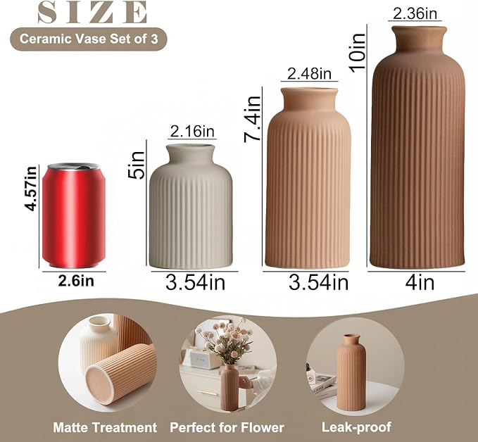 Large Modern Ceramic Vase Set, Coffee Ribbed Matte Design, 3-Piece Decorative Vases for Home, Living Room, Office (XL Coffee Mix) - Image 7
