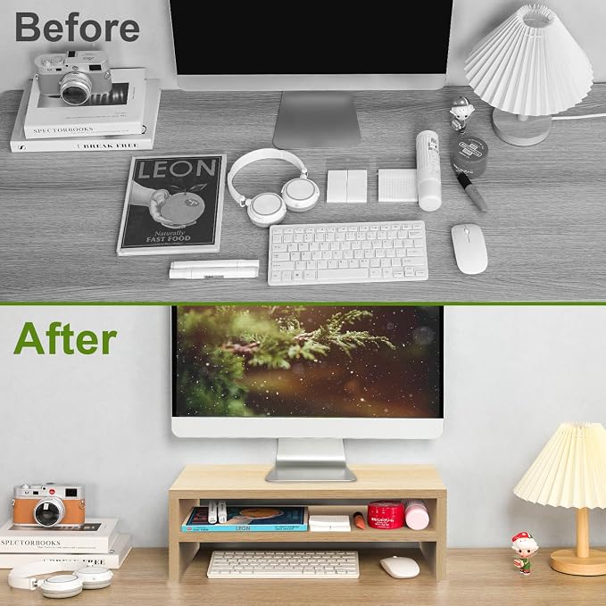 TEAMIX 2 Tiers Desktop Monitor Stand Riser 20 Inch Printer Stand with Storage Small TV Riser Laptop Wooden Desk Organizer Shelf Bookshelf Maple (Natural Maple, 2 Tiers) | Laptop/PC/Printer/Keyboard Storage, Ergonomic Design, 15mm thick Sturdy Wood Boar... - Image 7