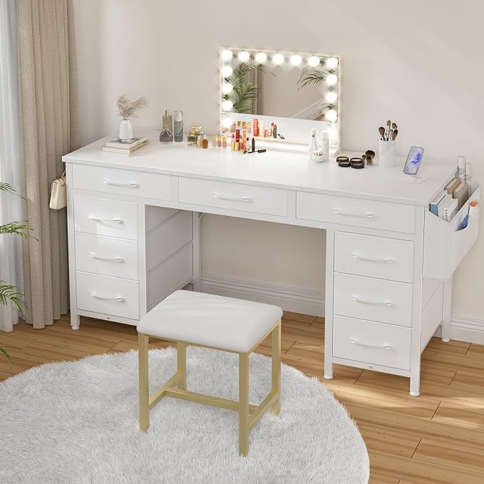 Lufeiya 47 Inch Computer Desk with 9 Drawers, Office Desk Work Desk for Home Office, Study, Writing, Vanity Desk with Fabric Drawers on Both Sides, Large Storage, White - Image 4