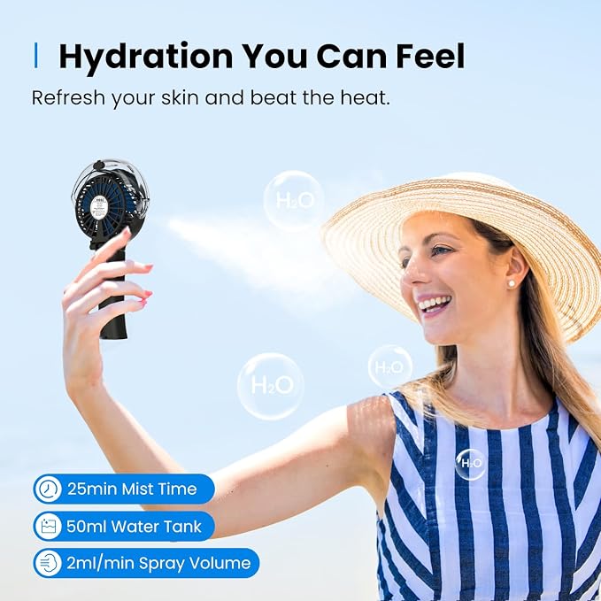 KIBEE Portable Misting Fan, 4000mAh Rechargeable Handheld Fan with 50ml Water Tank, Foldable 180° Mini Mist Spray Fan, 3 Speeds Personal Cooling Fan for Travel, Makeup, Outdoor, Concerts, Gray - Image 2