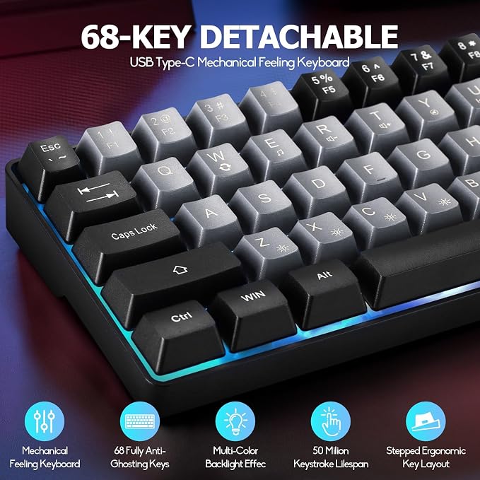 Guiheng Wired Portable 60% Mechanical Gaming Keyboard,RGB LED Backlit Compact 68 Keys Mini Wired Office Keyboard with Red Switch for Windows Laptop PC Mac -Grey and Black - Image 5