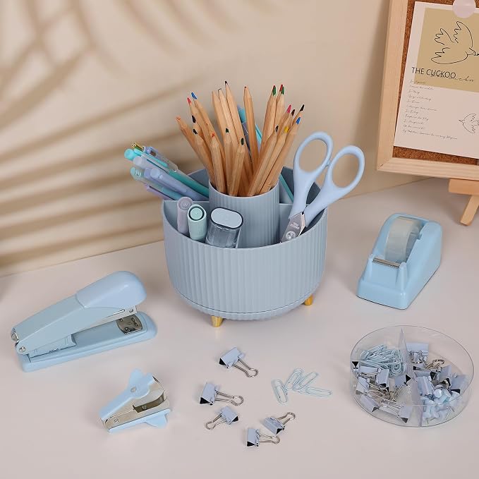 SKYDUE Desk Organizers and Accessories 10Pcs, 360-Degree Rotating Pen Holder, Stapler, Staple Remover, Tape Dispenser,2pcs Tape Refills, Binder Paper Clips Kit, Scissor (Blue) - Image 4