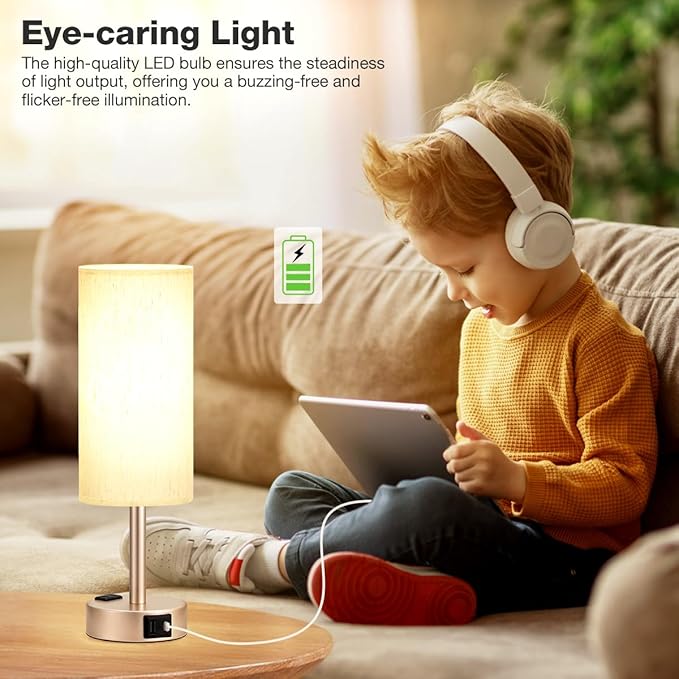 Fenmzee Bedside Table Lamp for Bedroom - 3 Way Dimmable Touch Lamp USB C Charging Ports and AC Outlet, Small Lamp Gold Base Round Flaxen Fabric Shade for Living Room, Desk, LED Bulb Included - Image 5