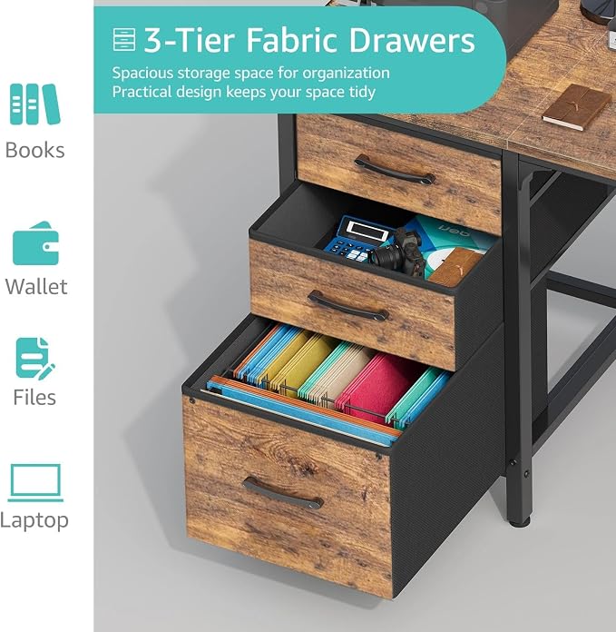 Lufeiya Computer Desk with Fabric File Drawers Cabinet, 55 Inch Reversible Home Office Desks with Filing Cabinet for Small Space, Study Writing Table PC Desks with Storage for Bedroom, Rustic Brown - Image 6
