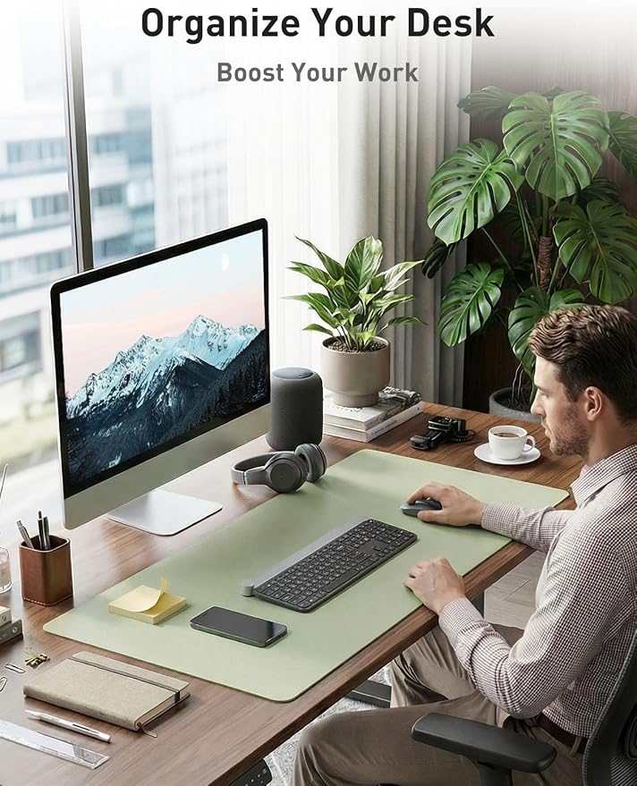 Aothia Faux Leather Desk Mat - Non-Slip PU Leather Desk Blotter, Waterproof Writing Surface, Large Desk Pad for Office & Home (Grass Green, 55" x 24") - Image 3