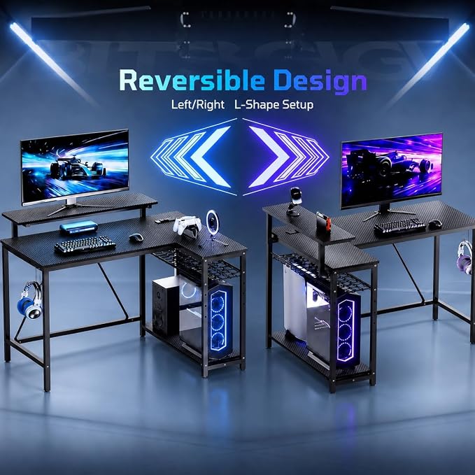 Bestier 42-Inch L-Shaped Computer Desk with Charging & LED, Black | Charging 2AC+USB+Type-C, RGB LED Strip, Reversible Shelves, Monitor Stand, Headphone Hook, Cable Mgmt, Small Space - Image 4