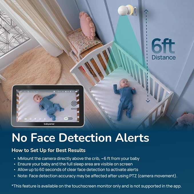 Babysense Touch 7" Touchscreen Smart WiFi Baby Monitor with App, Camera and Audio, Night Light, 4MP Dual-Lens with 6X Zoom, AI Auto Tracking, Focus Area, Split-Screen, VOX/ECO Mode, No Subscription - Image 8