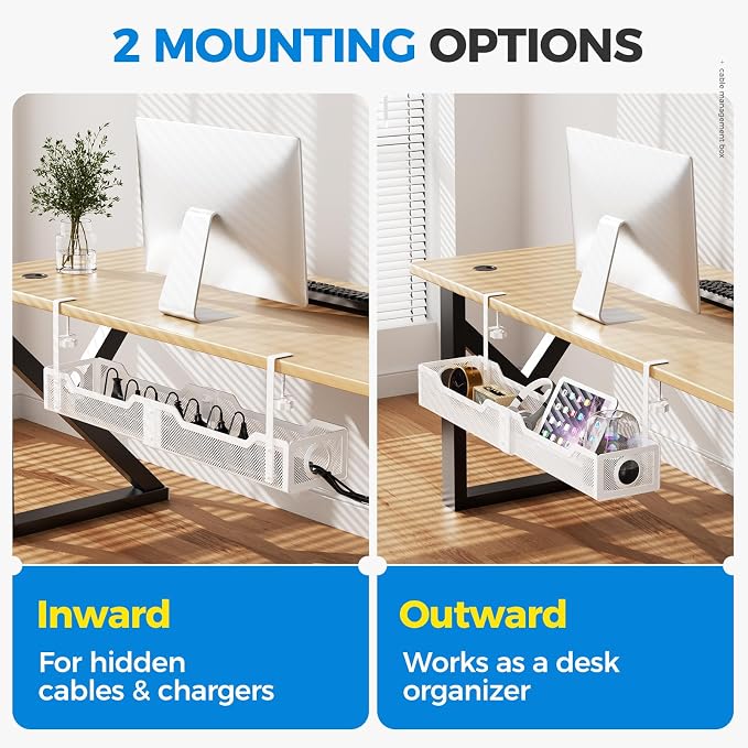 [Upgraded] 25" Extra Large Under Desk Cable Management, Cinati Wire Organizers No Drill, Cable Tray with Clamp for Wire Management, Cord Organization Box for Office, Home - No Damage to Desk(White) - Image 6