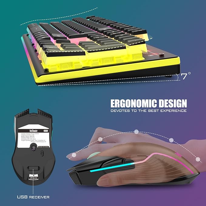 RedThunder K10 Wireless Gaming Keyboard and Mouse Combo, RGB Backlit Rechargeable 3800mAh Battery, Mechanical Feel Anti-ghosting Keyboard with Pudding Keycaps + 7D 3200DPI Mice for PC Gamer (Black) - Image 5