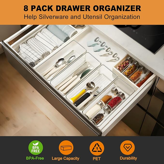 Hudgan 8 Pack Clear Plastic Drawer Organizers Set, Stackable Deep Drawer Organizer for Makeup Vanity and Desk, 2 Sizes Tall Bathroom Drawer Organizer - Image 2