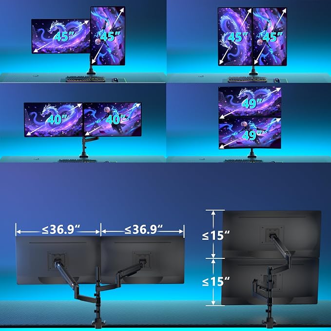 WALI Dual Monitor Mount for Ultrawide Heavy Duty Curved Monitor Stacking, Dual Monitor Arms Fits 13-49 Inch for Ultrawide Screens up to 44lbs, 49 inch Monitor Arm, Black - Image 2