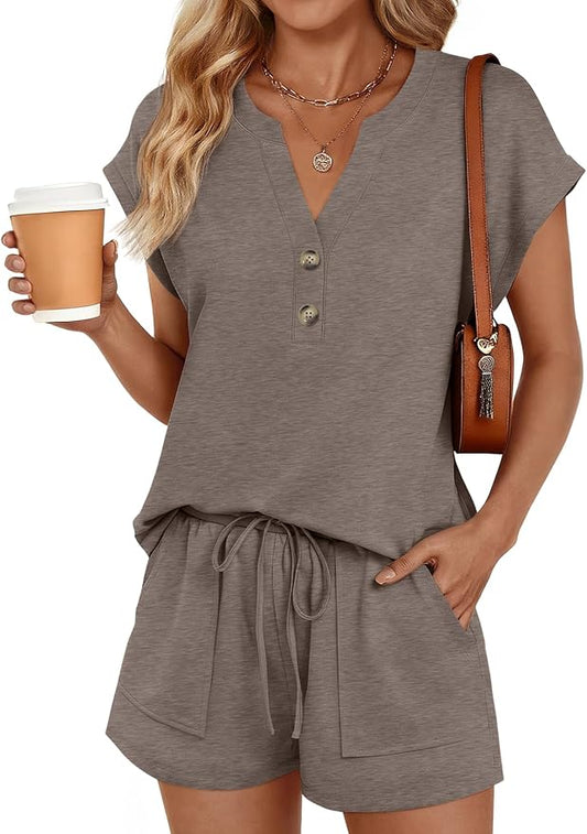 LILLUSORY 2 Piece Summer Set 2026 Henley Top & Drawstring Shorts with Pockets by Lillusory