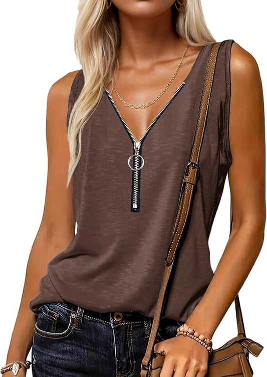 Halife Womens Half Zip V Neck Tank Tops Summer Sleeveless Shirts Casual Loose Top Blouses T Shirts by Halife