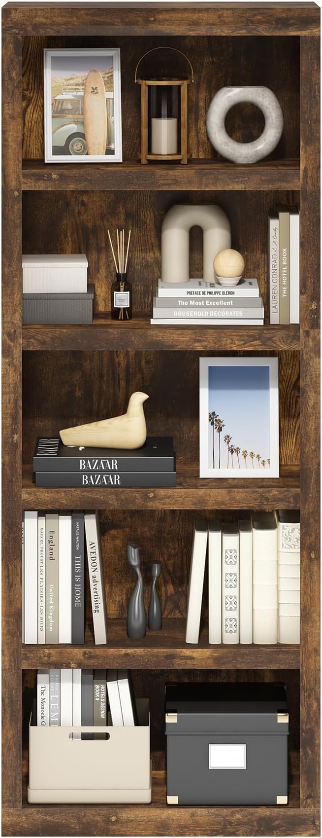 Furinno Rail Book Shelf, 5-Tier Bookshelf with Open Shelf, Bookcase with Classic Style Edges, 10 x 24.6 x 63.5, for Organization and Storage, for Living Room, Bedroom, Home Office, Amber Pine - Image 5
