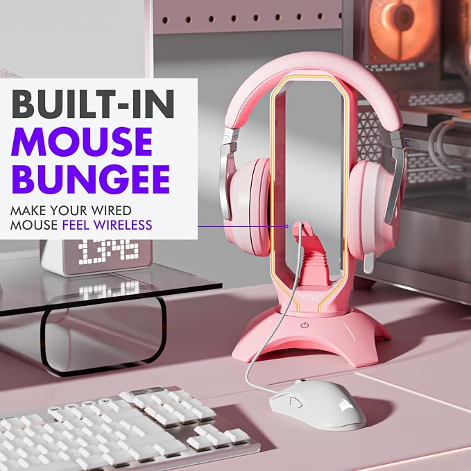 Tilted Nation Cute Headphone Stand Pink | Headset Stand with RGB, Mouse Bungee Holder, and 2 Port USB Hub Charger - Desk Gaming Accessories - Image 5