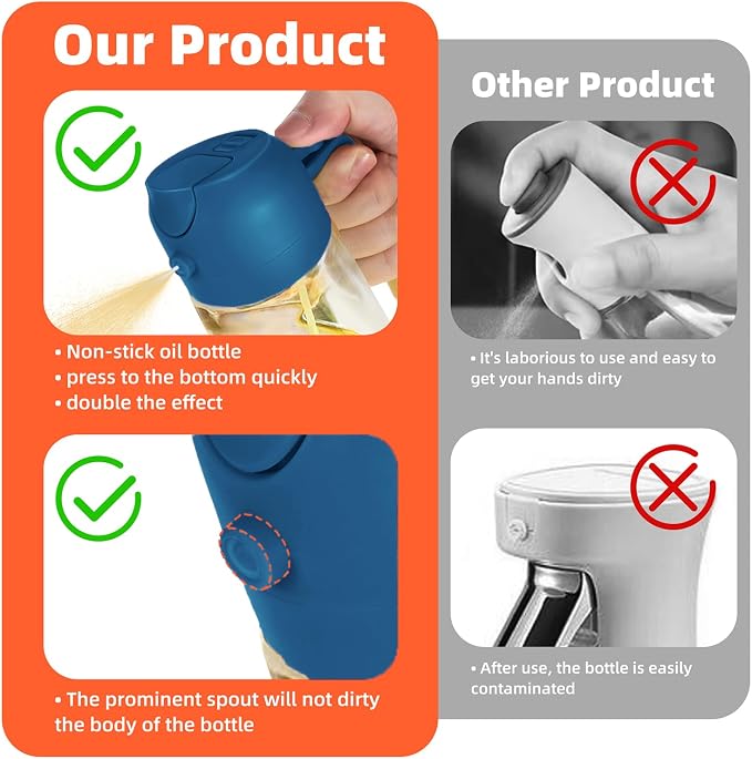 TrendPlain 16oz/470ml Glass Olive Oil Sprayer for Cooking – 2 in 1 Olive Oil Dispenser Bottle for Kitchen Gadgets and Air Fryer Accessories, Salad, BBQ - Black & Navy - Image 7