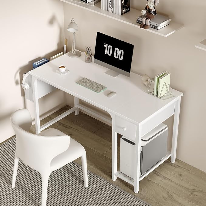 Lufeiya White Computer Desk with Drawers - 47 Inch PC Desk for Small Space Bedroom Home Office, Modern Simple Study Writing Table Desks with Storage Shelf, White - Image 2