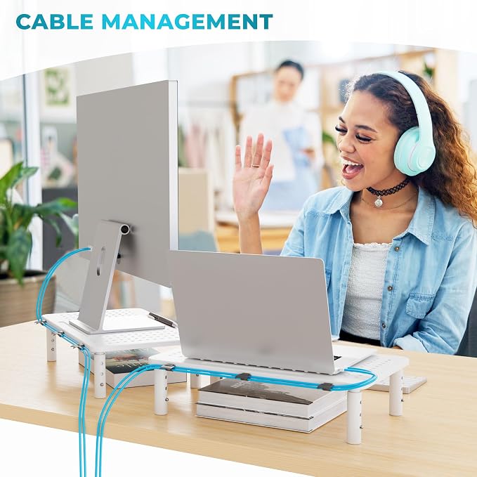 BONTEC Monitor Stand for Desk 2 Pack, 3-Level Height Adjustable Metal Monitor Riser, Ergonomic Computer Stand with Pen Holder & Cable Management for Printer, Laptop, Office Workstation, White - Image 9