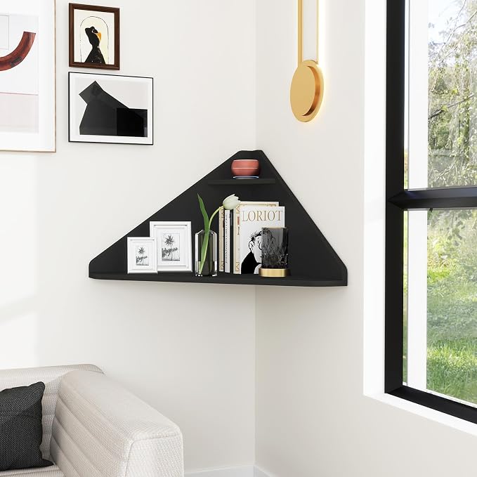 GOFLAME Floating Corner Desk, Wall Mounted Triangular Computer Desk w/Storage Shelf, Space-Saving Design, 90° Wooden Floating Home Office Desk for Writing, Working, Studying (Black) - Image 7