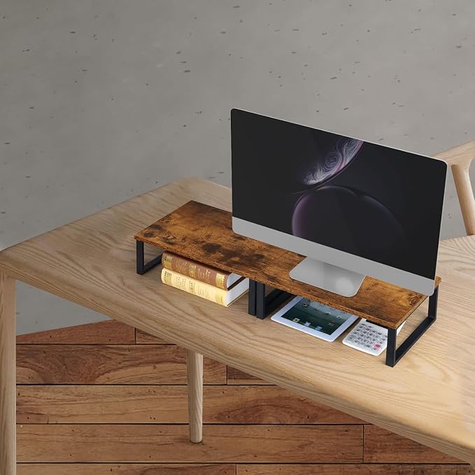Monitor Stand Riser 2 Pack Laptop Stand Riser Holder Wood Computer Stands Vintage Tabletop Storage Organizer Shelf for Notebook PC Printer Lift Stands TV Risers Wooden Desk Organizers Brown (Brown) - Image 5