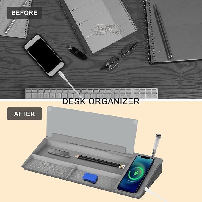 SELEAD Desktop Glass Whiteboard with Wireless Charger Station, Dry Erase White Board Computer Pad Keyboard Stand with Organizer for Home, School, Office Desk Accessories, Gray - Image 7