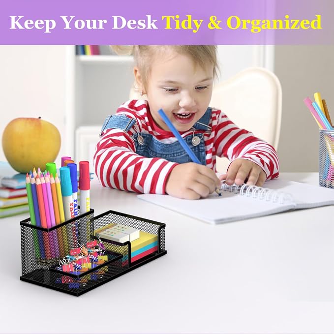 SUPEASY Pen Holder Desk Organizer, Office Supplies Pencil Holder with 3 Compartments, Desk Accessories and Workspace Organizers for Home School Classroom, Black - Image 2