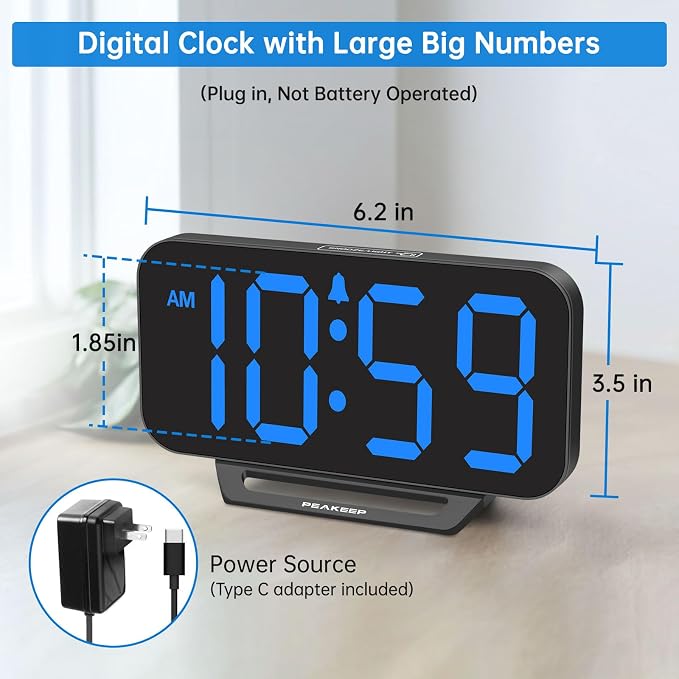 Peakeep Small Digital Alarm Clock for Bedrooms, Loud for Heavy Sleepers | Dimmable Plug in Electric Large Numbers Clock Battery Backup, Slim Clock for Table Office Modern Living Room (BB) - Image 2