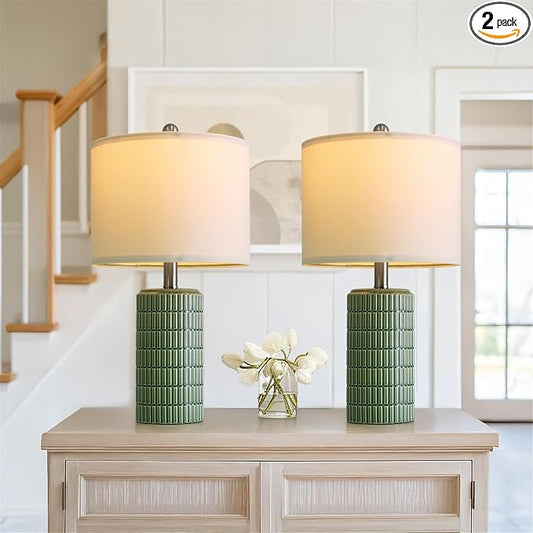 PoKat 20.75" Small Modern Ceramic Table Lamps Set of 2 for Bedroom, Green Bedside Lamps for Night Stands, Farmhouse House Decor Nightstand Table Lamps for Living Room End Table Green by Pokat