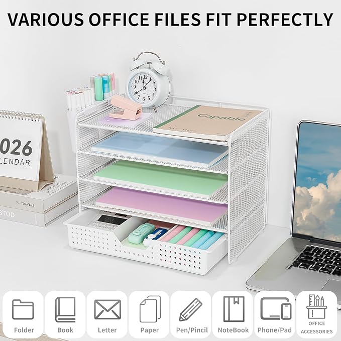 LEKETREE Desk Organizer and Accessories, 5-Tier Paper Letter Tray Organizer with Drawer & 2 Pen Holders for Desktop File Organization, Office Desk Accessories for Supplies Storage (White) - Image 3