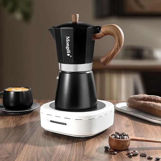 Mongdio Stovetop Espresso Maker Moka Pot, Cuban Coffee Maker Stove top coffee maker Moka Italian Espresso Greca Coffee Maker Brewer Percolator, 9 Espresso Cups, 15 oz - Black - Image 8