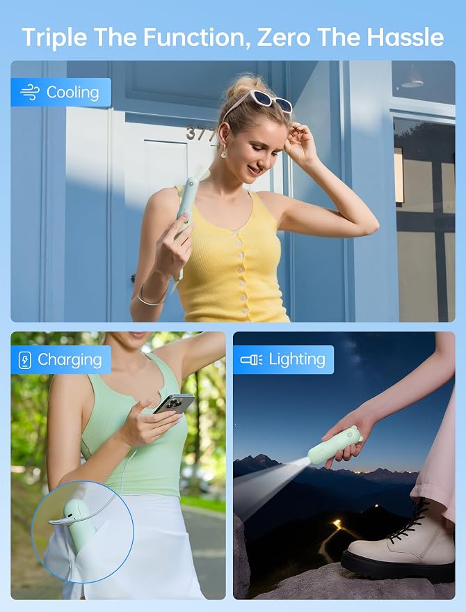 JISULIFE 3 IN 1 Handheld Mini Fan - Portable Fan & Power Bank & Flashlight, 19H Max Cooling, USB Rechargeable, Pocket-Sized for Travel, Cruise, Concerts, Makeup, 2026 Summer Gifts for Women(Green) - Image 2