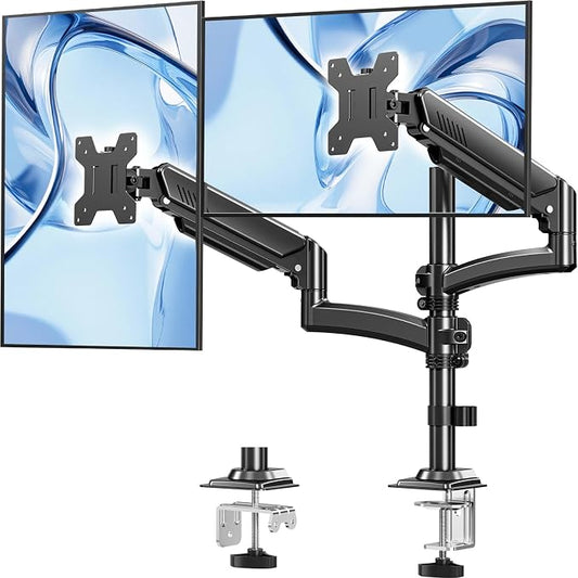 Dual Monitor Stand for Computer Screen up to 32", Holds 22 lbs Each | Taller Monitor Arms Desk Mount, Height Adjustable Gas Spring VESA Mount with C-clamp Grommet Mounting, Black, Freelift by ERGOFOCUS