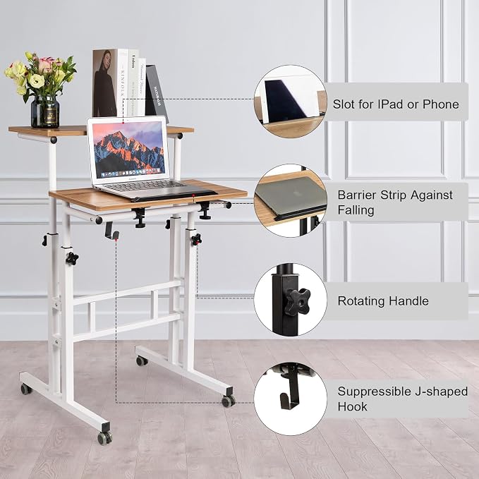 Hadulcet Mobile Standing Desk with Charging Station, Adjustable Standing Computer Desk, Standing Adjustable Laptop Cart with Wheels for Home Office Classroom Vintage Oak - Image 3