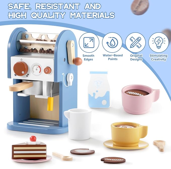 GAGAKU Wooden Coffee Machine Toy with Grinder，15 pcs Wood Play Kitchen Accessories for Kids Non-Toxic Pretend Play Barista Set Learning Gift for Toddlers Girls Boys Ages 3+ - Image 2
