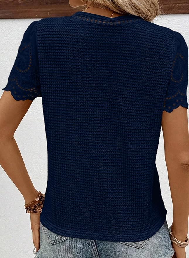 SHEWIN Womens Frenchy Summer Tops Crewneck Short Sleeve T Shirts Casual Waffle Knit Jacquard Blouses Top Shirts - Image 2