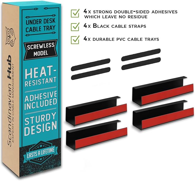 No-Screw Under Desk Cable Management Tray - Self-Adhesive Installation, Cord Management, Cable Tray, Under Desk Wire Organizer - Black Set of 4 - Image 5
