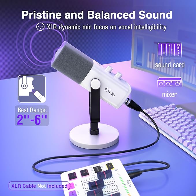 FIFINE AmpliGame AM8W XLR/USB Gaming Microphone for Streaming Podcasting | Dynamic PC Computer RGB Mic, with Gain Knob, Mute Button, Monitoring Jack, for Gamer Recording Video Creation, White - Image 2