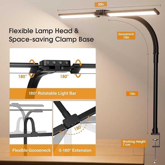 SIBRILLE LED Desk Lamp for Home Office - Dimmable Computer Desk Light with Clamp, Modern Architect Task Lamp with Color Changing, Flexible Desktop Lamp with Gooseneck for Monitor, Double Head, Black - Image 4