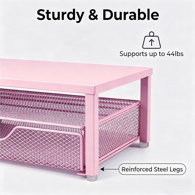 Spacrea Desk Organizer and Accessories, Computer Monitor Stand Riser with Drawer and 1 Open Pen Holder, Printer & Laptop Stand, Office Desk Accessories for Home Office Supplies (Pink) - Image 4