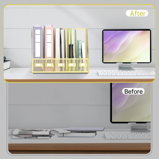 SUPEASY Desk Organizers Metal Desk Magazine File Holder with 5 Vertical Compartments Rack File Organizer for Office Desktop, Home Workspace, Gold Plus - Image 5