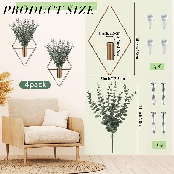 Jexine 8 Pcs Hanging Planters with Artificial Eucalyptus Metal Hanging Vase Indoor Plants Holder Modern Geometric Boho Bathroom Wall Decor for Living Room Home Office (Eucalyptus,Bronze) - Image 2