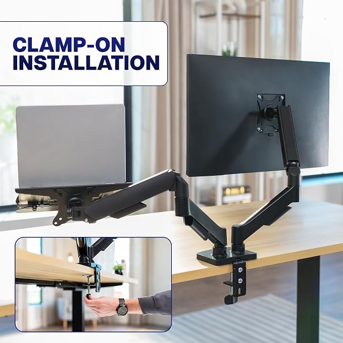 VIVO Universal Adjustable Monitor and Laptop Desk Mount, 17 to 32 inch Monitors, 10 to 15.6 inch Laptops, Dual Mechanical Arm VESA Notebook Stand with C-clamp and Grommet Options, Black, STAND-V002O-L - Image 9
