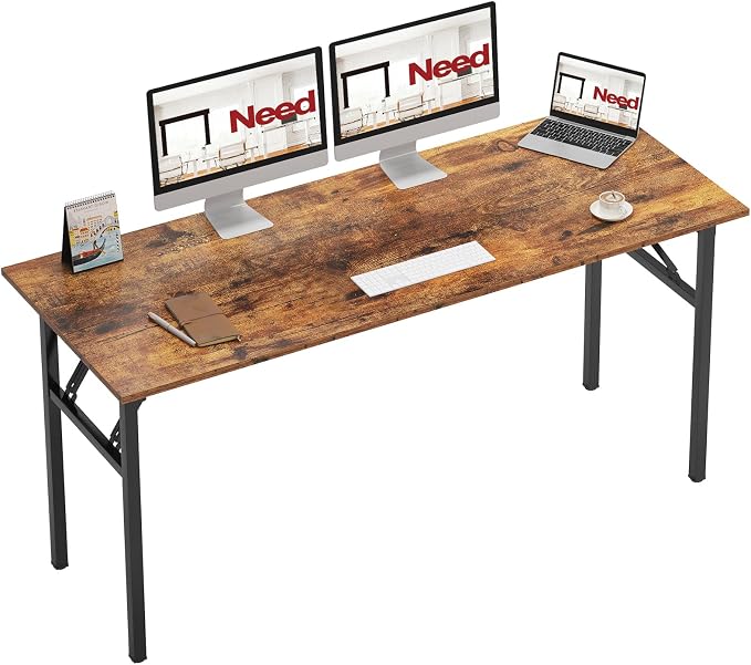 Need Home Office Desk - 62 Inches Large Computer Desk Sturdy Black Table Foldable Desk Gaming Computer Table No Assembly Required Rustic Brown AC5FB(157.5 * 60) | Black Frame Writing Gaming Work Table/Foldable Home Office Desk/Sewing Table, No Assembly... by Need