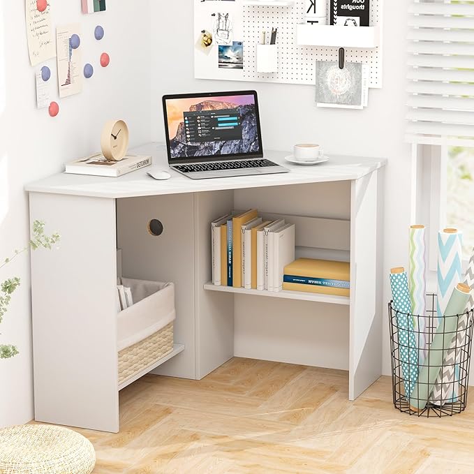 Tangkula White Corner Desk - 90 Degrees Triangle for Computer, Small Space, Bedroom, Makeup Vanity Desk with Storage Shelves & CPU Stand, Space Saving Writing Desk - Image 3